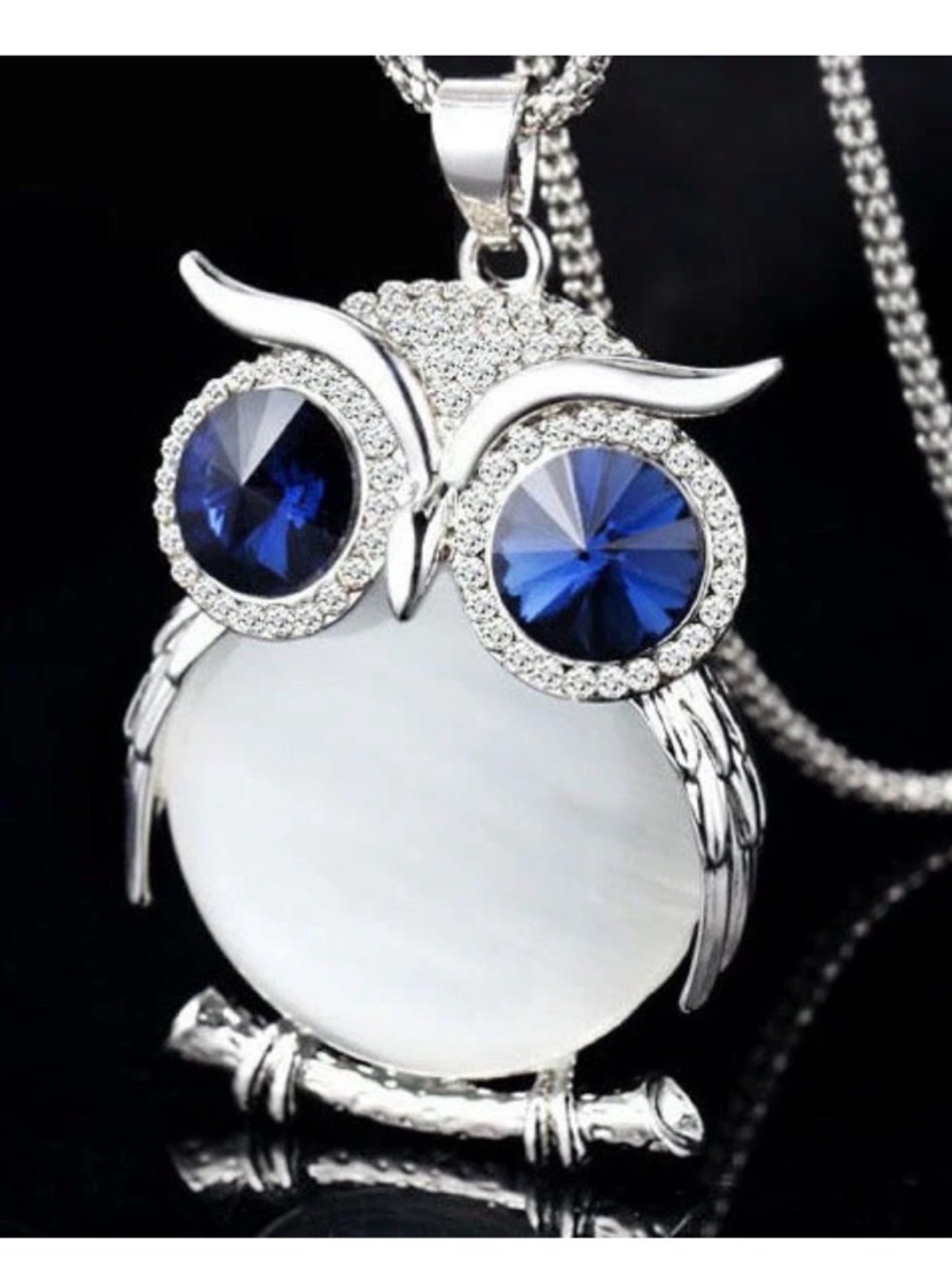 Silver Owl Pendant Necklace with Blue and White Accents